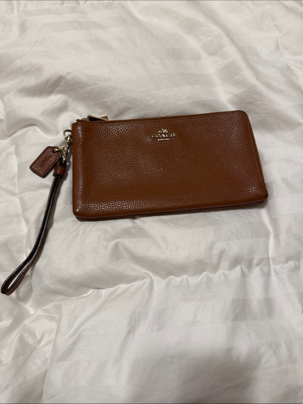 COACH Brown Pebbled Leather Wristlet Wallet with Strap